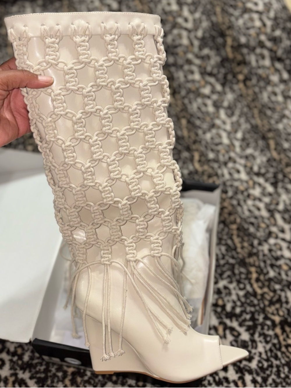 Fashion Nova Cream Macramé Fringe Peep-Toe Wedge Boot